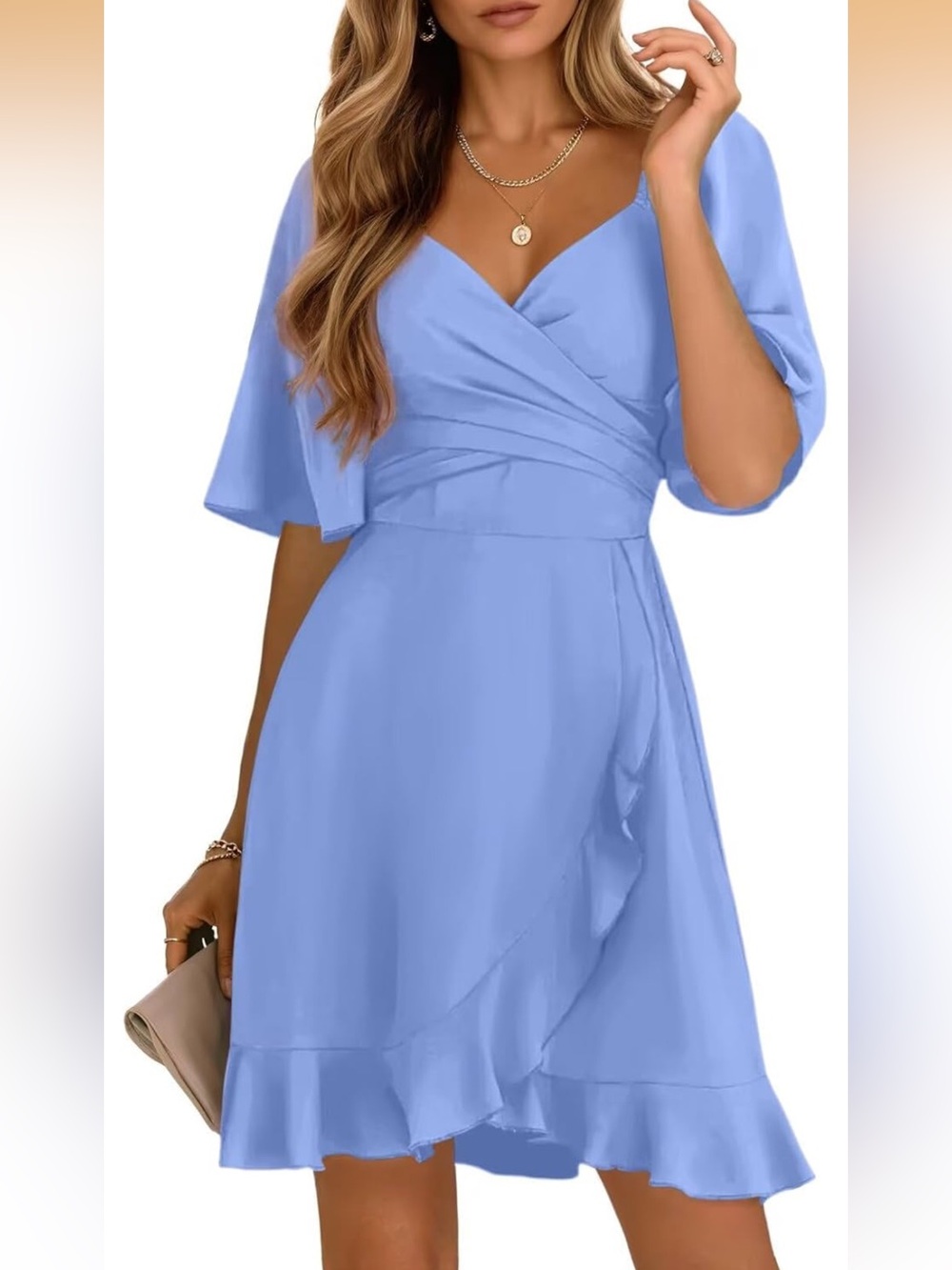 NEW Dokotoo Women's Wrap V-Neck Short Flared Sleeve Smocked Dress